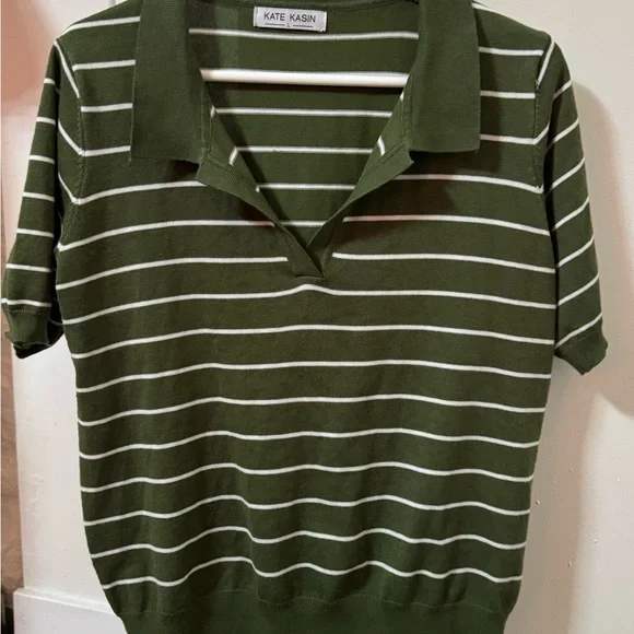 Kate Kasin Green Striped Polo Shirt - Picture 3 of 5